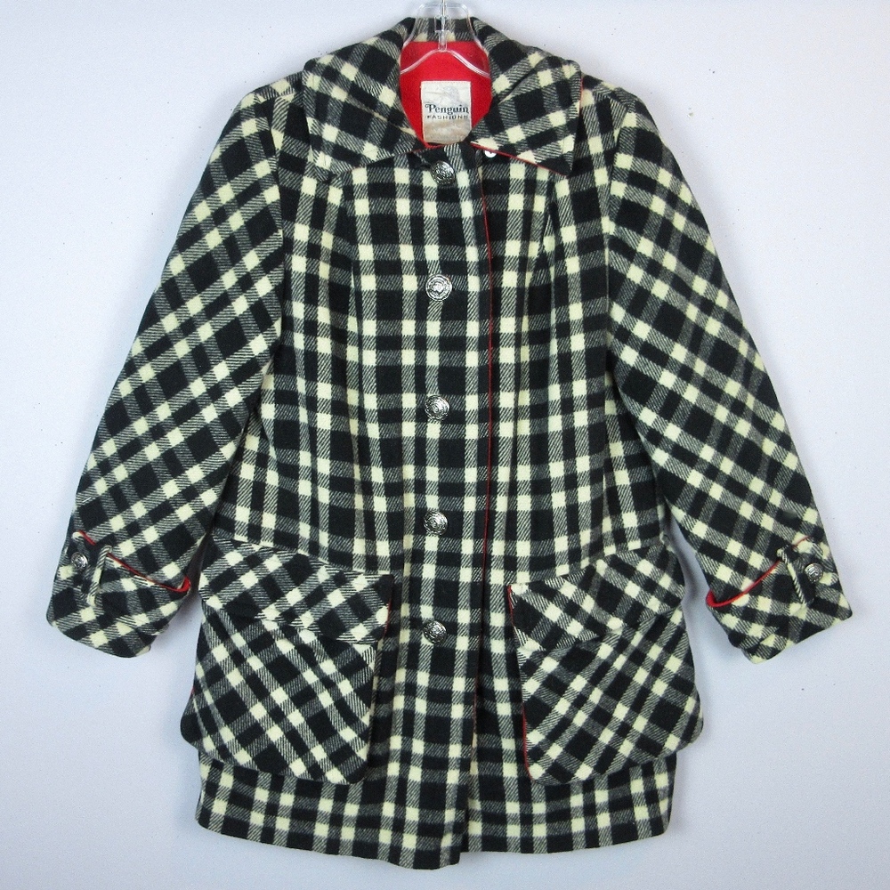 Vintage 1960's 1970's Wood Black White Plaid Coat